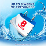 Promotional graphic showing a small calendar pad with ‘8 weeks’ text and water splash emphasizing up to eight weeks of freshness