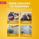 Informational panel showing Lysol can and four usage photos for disinfecting hard surfaces, soft surfaces, deodorizing, and preventing mold