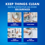 Blue infographic showing four use-case photos labeled household, dorm, classroom and bathroom with headline about 100 surfaces