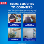 Blue infographic titled 'From Couches to Counters' showing Lysol can and four labeled use-case photos for disinfecting and deodorizing