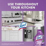 Collage of kitchen surfaces and appliances with a Lysol spray bottle and logo, promoting use throughout the kitchen
