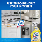 Collage of kitchen areas around a central Lysol logo with a yellow Lysol all purpose cleaner bottle pictured at lower right.