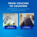 Two-panel graphic showing Lysol spray being used to disinfect a hard surface and sanitize a soft surface under the heading FROM COUCHES TO COUNTERS