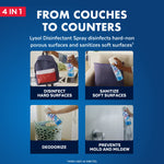 Blue panel infographic illustrating Lysol uses from couches to counters with four photos showing disinfect, sanitize, deodorize, prevent mold.