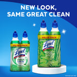 Packaged value packs of Lysol toilet bowl gel displayed on podium with headline promoting new look and same clean