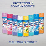 Lineup of various Lysol disinfectant spray cans in different colored scents with headline 'Protection in so many scents!','filename":"lysol-variety-scents-lineup"