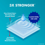 Infographic showing layered wipe construction and a water droplet with '3X stronger' claim
