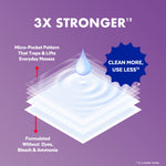 Diagram illustrating layered micro-pocket wipe construction and a water droplet with text claiming 3x stronger on a purple background.