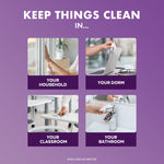 Infographic grid showing four use-case photos (household, dorm, classroom, bathroom) on a purple background for Lysol wipes.