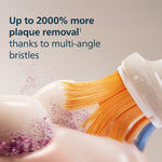 Macro illustration of multi-angle orange bristles on a brush head cleaning tooth surfaces with text about up to 2000% more plaque removal.