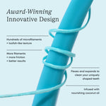Macro shot of turquoise textured floss wrapped around a blue cylinder with copy about award-winning innovative design