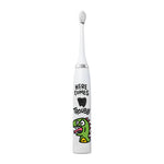 White Made By Dentists kids' rechargeable electric toothbrush featuring green cartoon dinosaur and text graphic