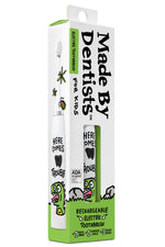 Tall retail packaging for Made By Dentists rechargeable kids' toothbrush showing dinosaur art and product window