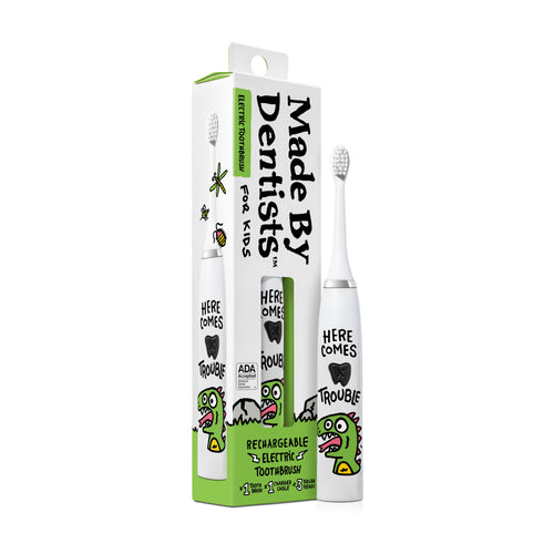 Made By Dentists kids' rechargeable electric toothbrush and illustrated retail box with dinosaur artwork
