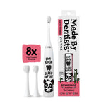 White kids electric toothbrush with panda graphic, two extra white brush heads and boxed packaging on white background