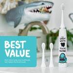 Made By Dentists shark electric toothbrush standing with two spare heads and a blurred shark toy in the background, 'Best Value' badge.