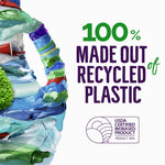 Graphic proclaiming 100% made out of recycled plastic with recycled-material visual and USDA biobased seal