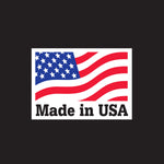 Graphic label reading 'Made in USA' with a stylized American flag on a black background