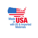 Graphic of US map filled with American flag and text stating Made in USA with US & imported materials on white background