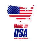 Map of the United States filled with the American flag above bold red and blue text reading "Made in USA"