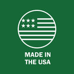 White circular American-flag style icon above the text 'MADE IN THE USA' on a solid green background