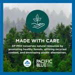 Forest background with a circular icon of a hand holding a plant and text reading “MADE WITH CARE” plus Pacific Blue and GP PRO logos.
