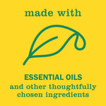 Yellow graphic stating 'made with' above a stylized leaf and 'essential oils' product message