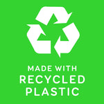 White recycling symbol and text 'Made with recycled plastic' on a solid green background