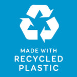 White recycling icon and text reading 'made with recycled plastic' on a solid blue background