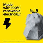 Yellow graphic with a textured gray trash bag and bold text stating ‘Made with 100% renewable electricity’ alongside a black lightning icon.