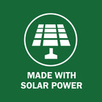 White solar panel icon above the words 'MADE WITH SOLAR POWER' on a solid green background