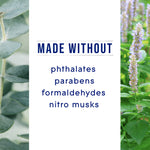 Panel reading "MADE WITHOUT" listing phthalates, parabens, formaldehydes and nitro musks with botanical borders