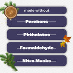 Graphic panel stating 'made without' with crossed-out words for parabens, phthalates, formaldehyde, and nitro musks alongside decorative evergreen and leaves.