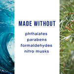 Panel reading 'MADE WITHOUT' listing phthalates, parabens, formaldehydes, nitro musks beside ocean and cypress images.