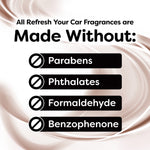 Text graphic listing substances the fragrance is made without, shown over a swirled beige background