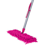 Magenta chenille microfiber mop head shown from underside attached to a silver telescoping handle