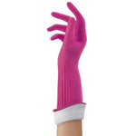Single magenta rubber glove shown upright on an arm with a white rolled cuff against a plain white background.