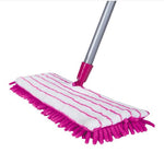 Angled close-up of a magenta-and-white microfiber mop pad attached to a silver swivel handle