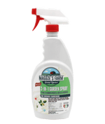 White spray bottle of Maggie's Farm 3-in-1 Garden Spray with green product label and red nozzle