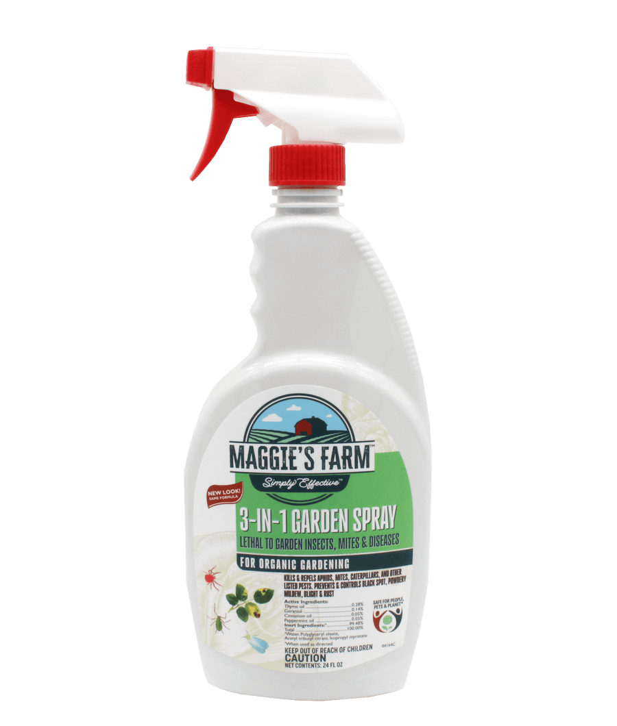 White spray bottle of Maggie's Farm 3-in-1 Garden Spray with green product label and red nozzle