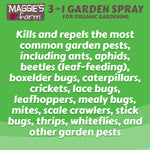 Green product info panel listing pests controlled by Maggie's Farm 3-in-1 Garden Spray with prominent brand logo