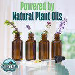 Image of small amber dropper bottles with plants and bold text 'Powered by Natural Plant Oils' and Maggie's Farm logo