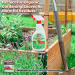 Lifestyle photo of Maggie's Farm spray bottle placed on a raised garden bed next to gardening tools and lavender plants