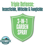 Shield graphic reading '3-IN-1 GARDEN SPRAY' with header 'Triple Defense: Insecticide, Miticide & Fungicide' and Maggie's Farm logo