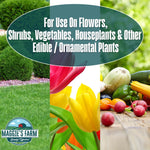 Promotional image with flowers, vegetables and lawn panels stating use on flowers, shrubs, vegetables and houseplants