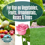 Banner-style image showing vegetables, a rose and lawn with overlay text 'For Use on Vegetables, Fruits, Ornamentals, Roses & Trees'