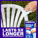 Hand scrubbing a dirty white patio chair with a Magic Eraser; inset product box and headline stating it lasts 5X longer.