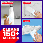 Collage showing a Magic Eraser cleaning a water bottle, cabinets and a shoe with text "Cleans 150+ messes"