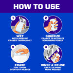 Step-by-step "How to Use" infographic for Mr. Clean Magic Eraser showing wet, squeeze, erase, and rinse & reuse instructions with icons.