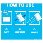 Instructional infographic with three icons labeled 'Wet', 'Squeeze', 'Erase' showing how to prepare and use the Magic Eraser